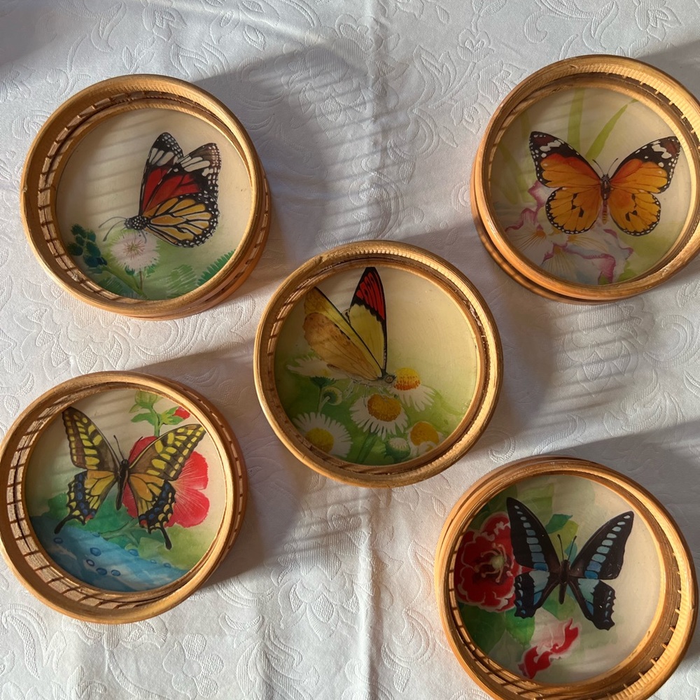 Vintage bamboo and butterfly coasters set of 5